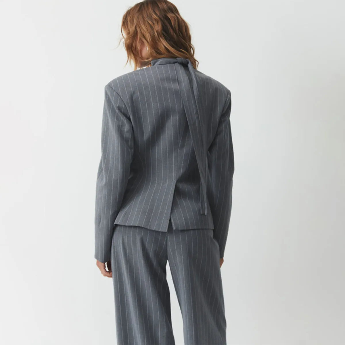 Pinstripe blazer two-piece set with choker neck and wide-leg pants