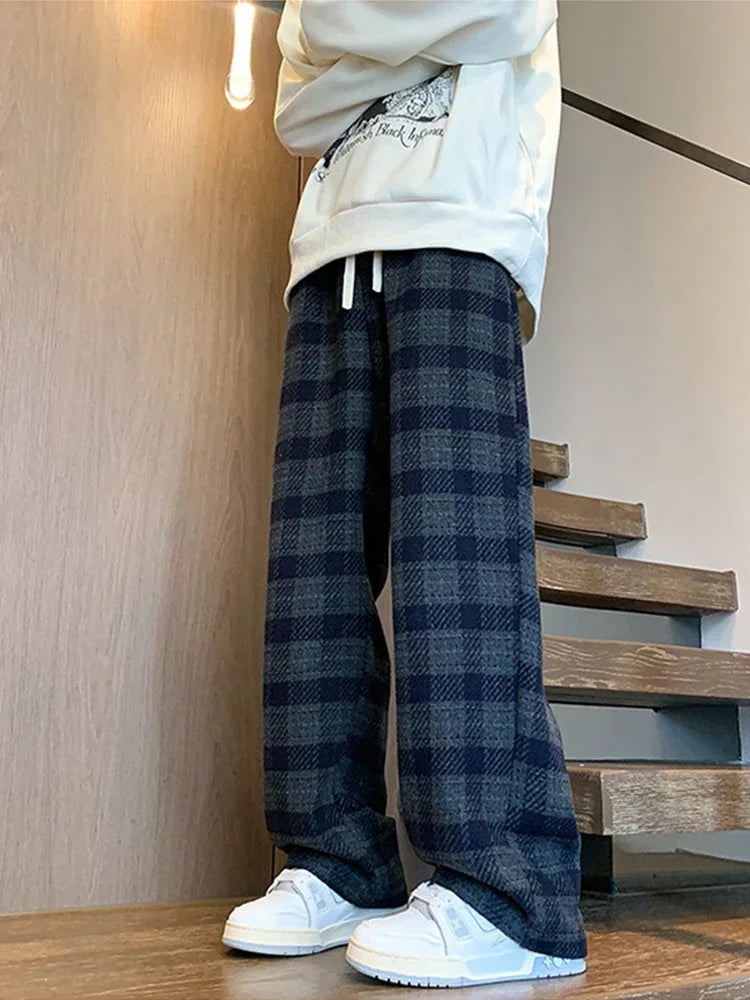 2026 New Y2K Vintage Plaid Baggy Trousers For Men High Street Woolen Straight-leg Pants Korean Fashion Hip Hop pantalones hombre