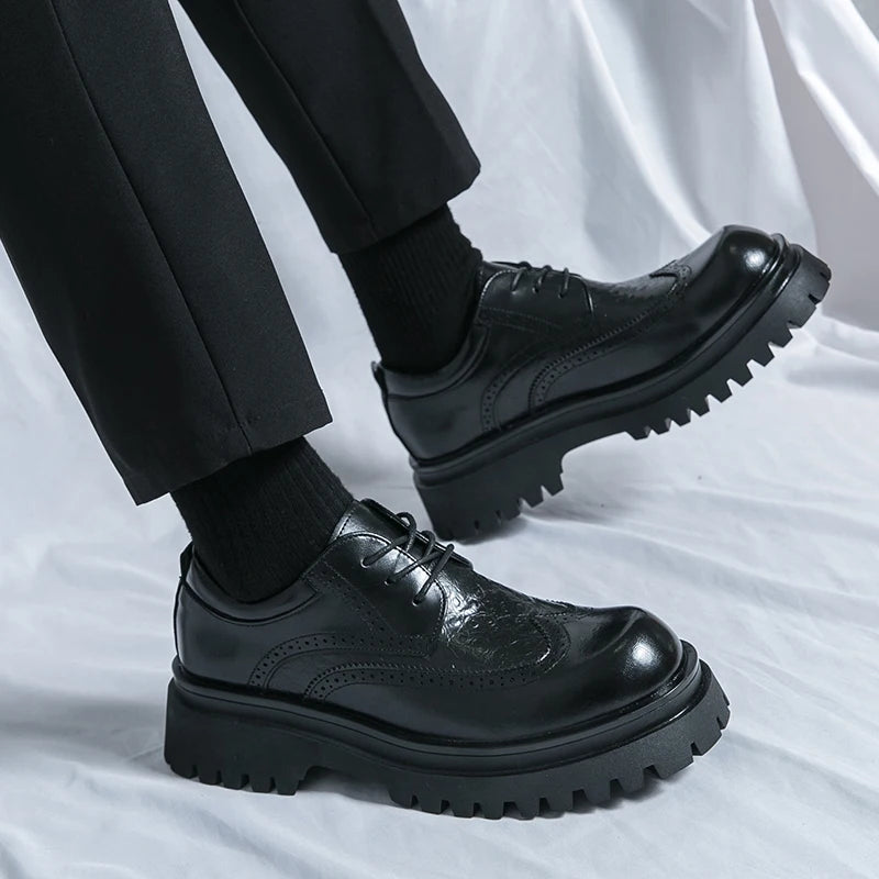Thick soled casual men's leather shoes Classic Black Brown style Leisure Business Office Height increasing groomsmen shoes
