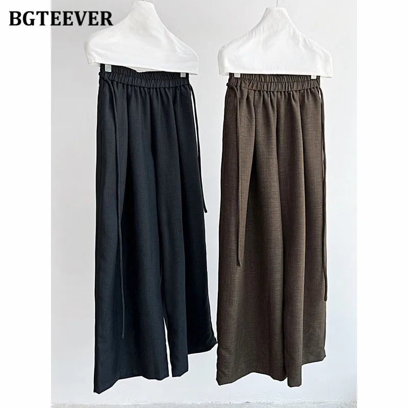 Wide-leg loose suit pants with vintage lace-up