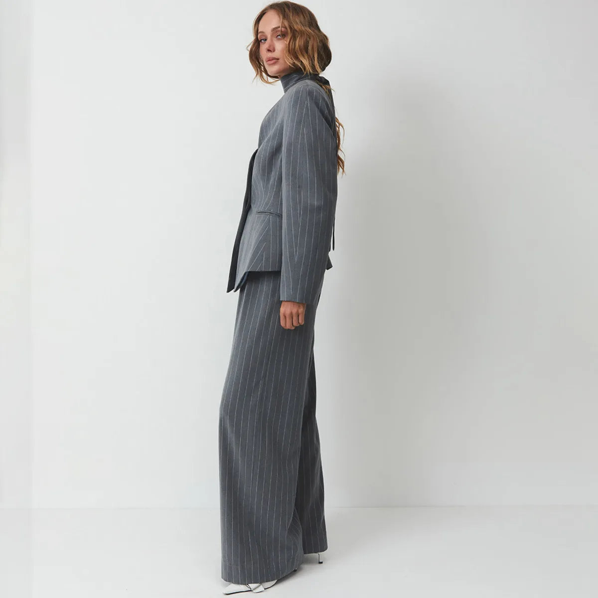 Pinstripe blazer two-piece set with choker neck and wide-leg pants