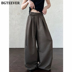 Wide-leg loose suit pants with vintage lace-up