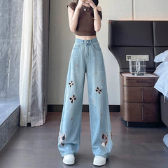 High waist wide-leg jeans with diamond stud and butterfly embroidery