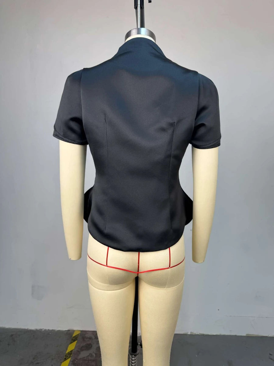 TWOTWINSTYLE Fashionable Irregular Hem Shirt for Women V Neck Lantern Sleeves Spliced Single Breasted Slimming Shirts Female New