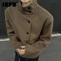 IEFB Fashion Minimalist Solid Color Warm Men's Wool Jacket Stand Collar Long Sleeves Thicken Coat Winter New Tide 9X2038