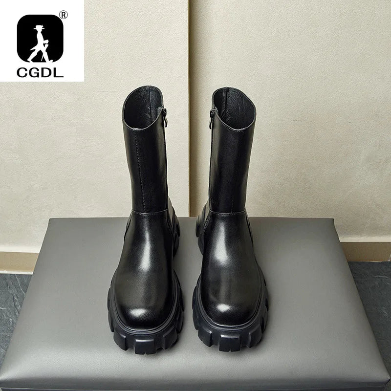 Thick Soled Platform Mens Boots Luxury Designer Square Head Soft Leather Chelsea Boots Fashion Trends Mens Street High Top Shoes