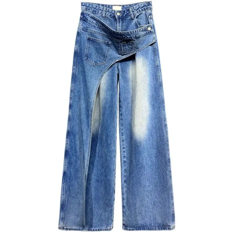 High waist wide-leg straight jeans in blue patchwork denim