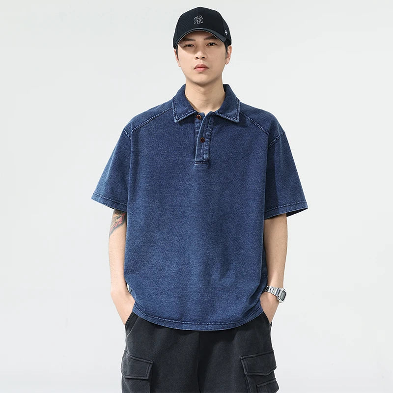 Men Summer Streetwear Outdoor Fashion Knitted Denim Loose Casual Plus Size Short Sleeve Polo Shirt Cityboy T-shirts Man T Shirts