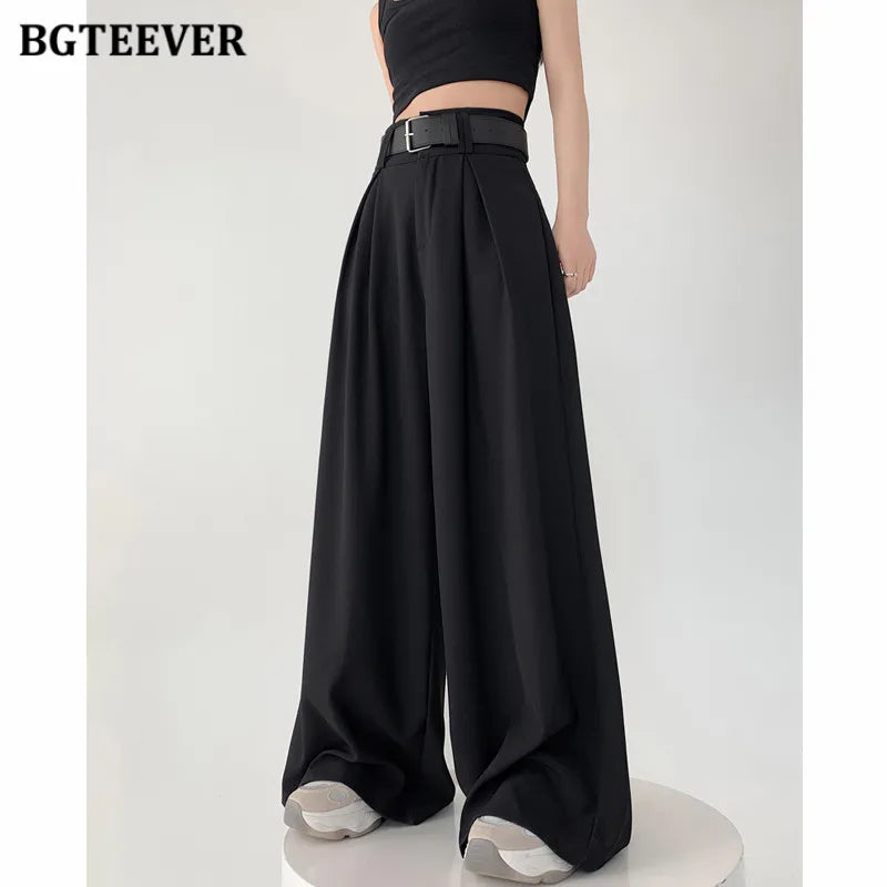 High waist wide-leg solid long trousers with pockets