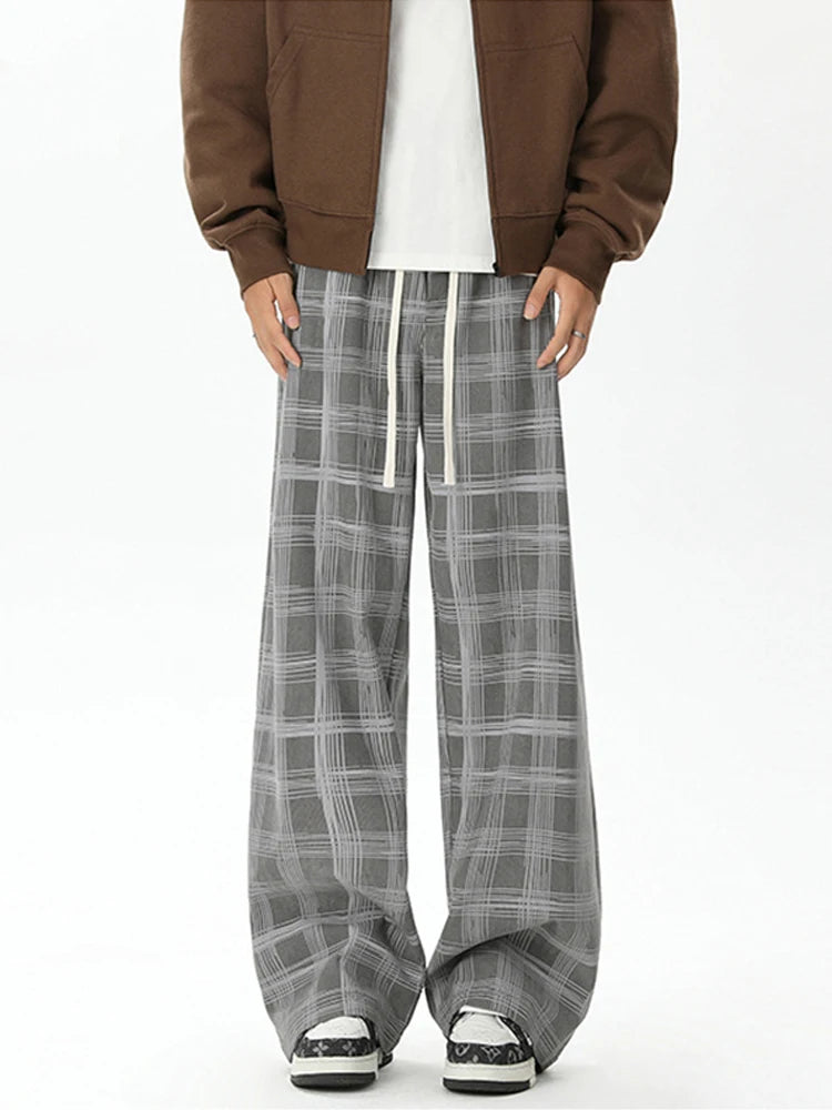 Spring Men's Plaid Distressed Baggy Pants 2026 New Casual Sports Loose Straight-Leg Sweatpants High Street Fashion Y2K Trousers
