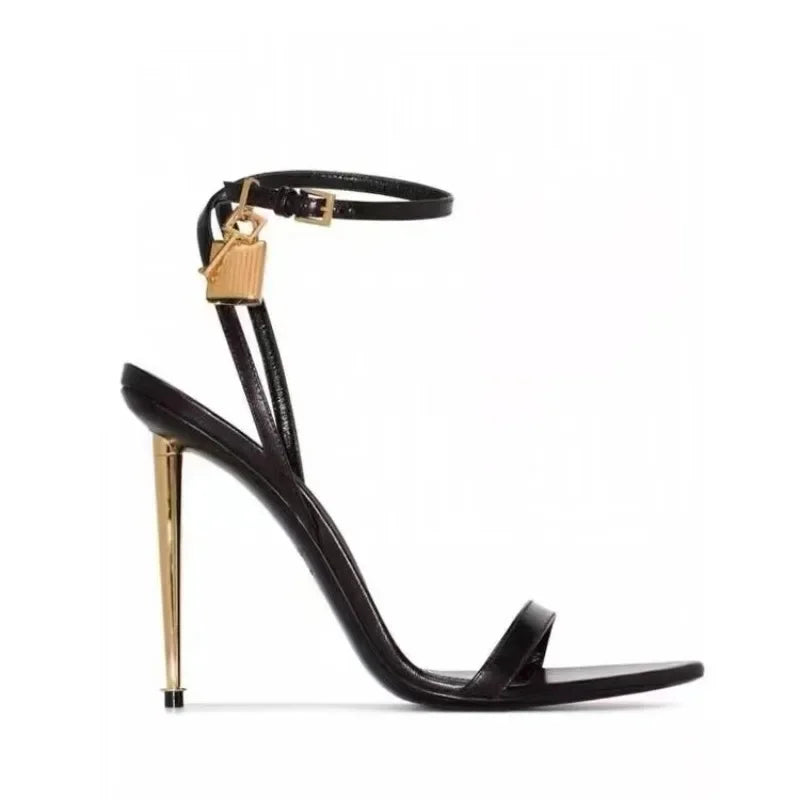 10cm high heel sandal with padlock decoration in black gold