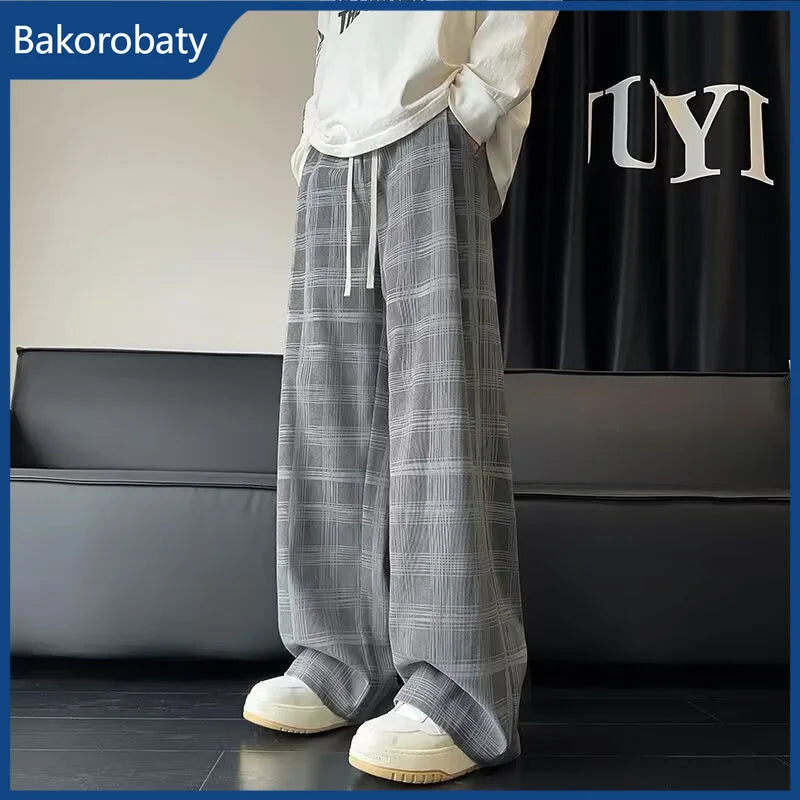Spring Men's Plaid Distressed Baggy Pants 2026 New Casual Sports Loose Straight-Leg Sweatpants High Street Fashion Y2K Trousers