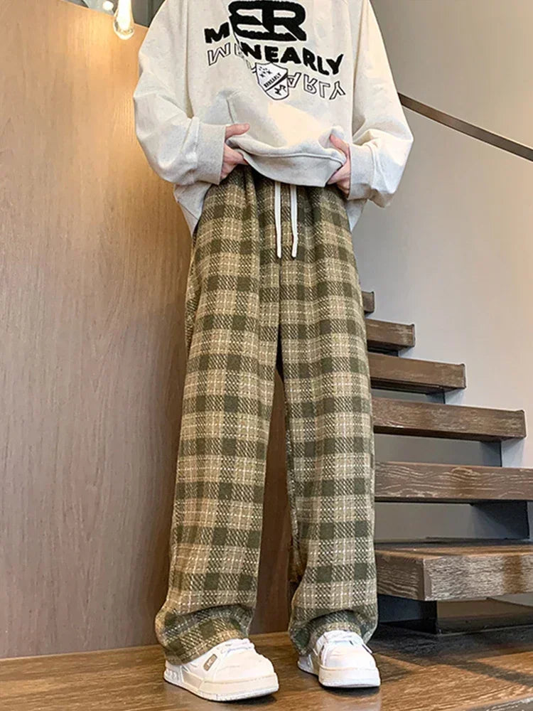 2026 New Y2K Vintage Plaid Baggy Trousers For Men High Street Woolen Straight-leg Pants Korean Fashion Hip Hop pantalones hombre