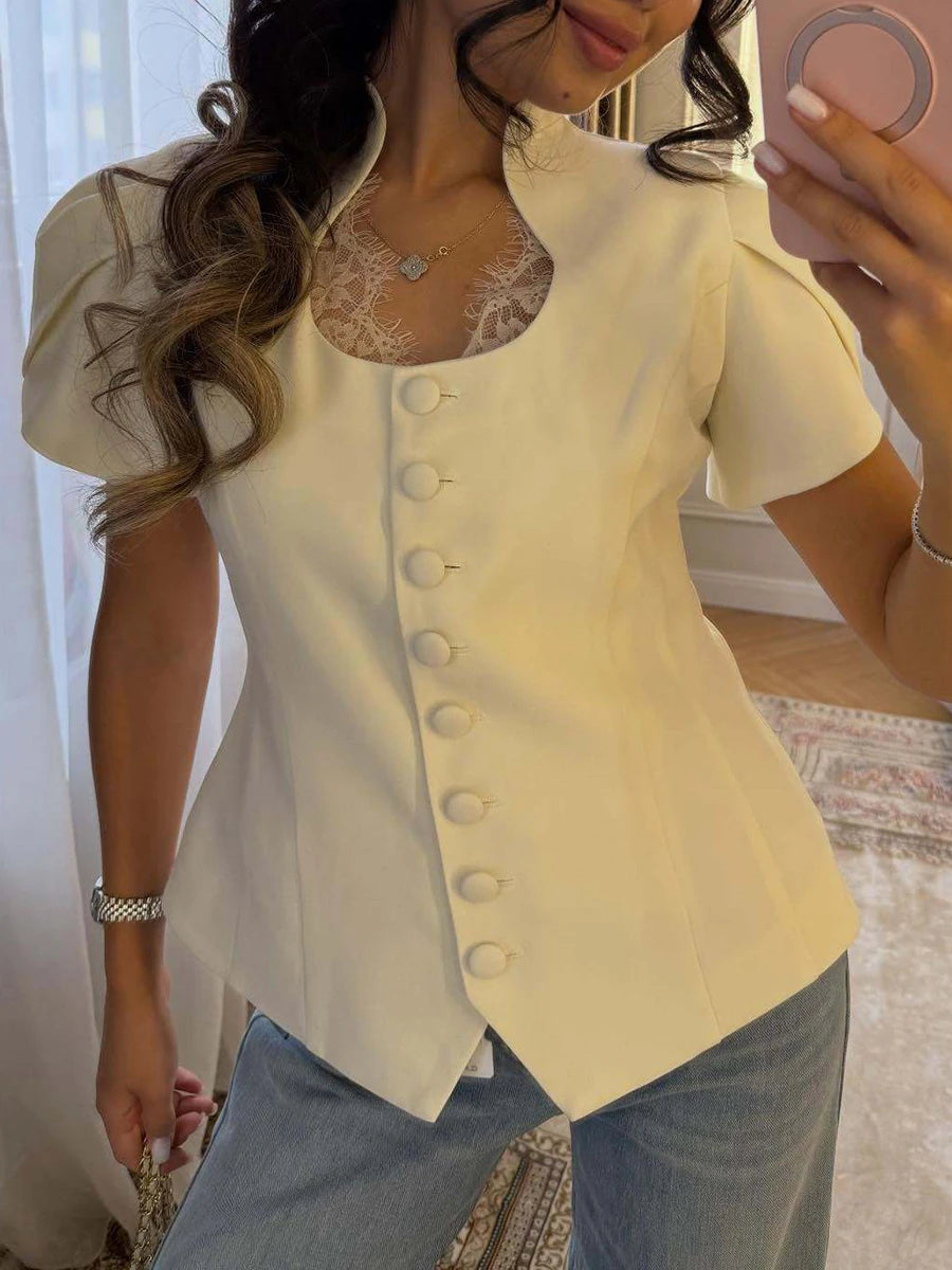 TWOTWINSTYLE Solid Loose Spliced Lace Shirts for Women Square Collar Short Sleeve Korean Design Shirt Female Summer Fashion New