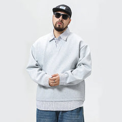 Autumn Splice Stripe Shirt Collar Oversize Sweatshirt Men Loose Casual Streetwear Fashion Pullover Sweatshirts Hoodie Tops