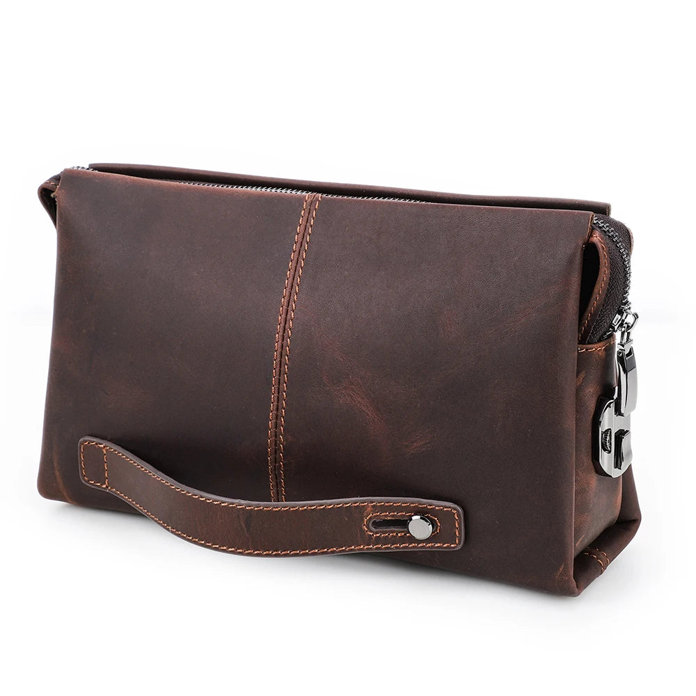 Crazy Horse Genuine Leather Password Lock Casual Clutch Bag Male Wallet Men's Purse Protective Large Capacity Blue Handbag