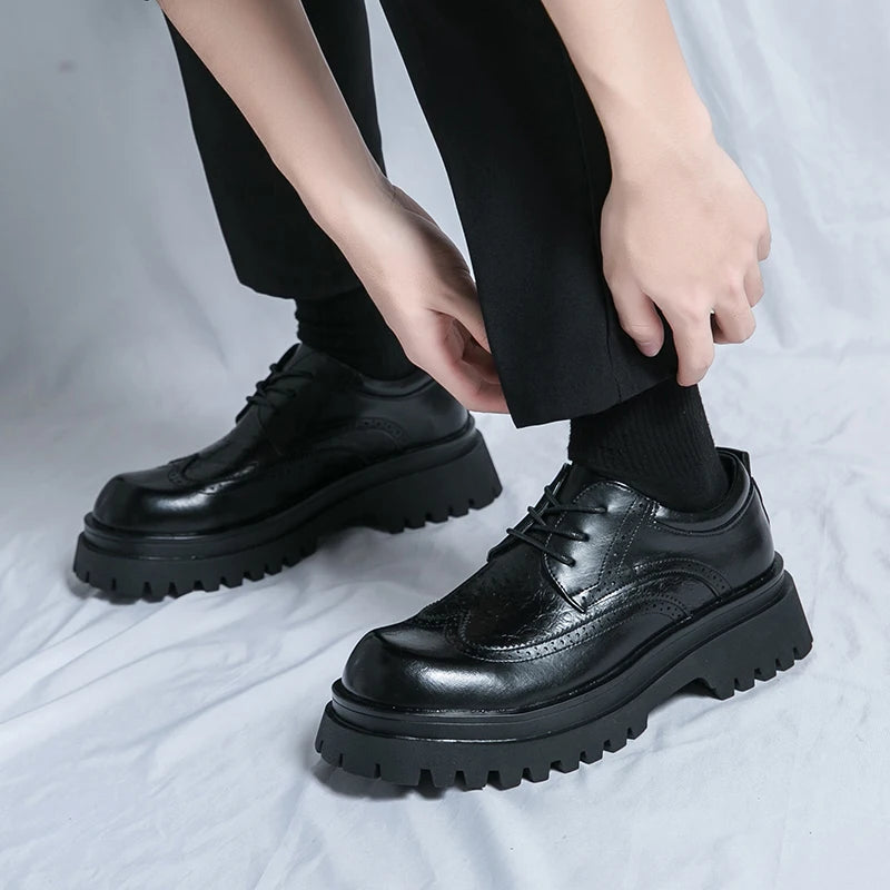 Thick soled casual men's leather shoes Classic Black Brown style Leisure Business Office Height increasing groomsmen shoes