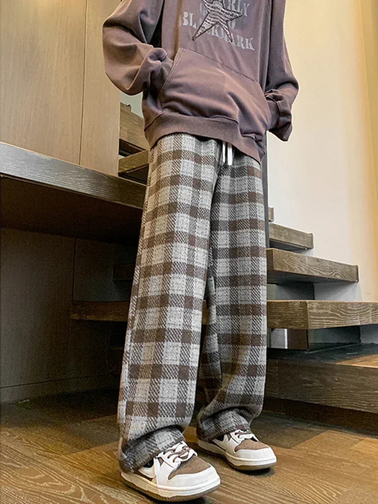 2026 New Y2K Vintage Plaid Baggy Trousers For Men High Street Woolen Straight-leg Pants Korean Fashion Hip Hop pantalones hombre
