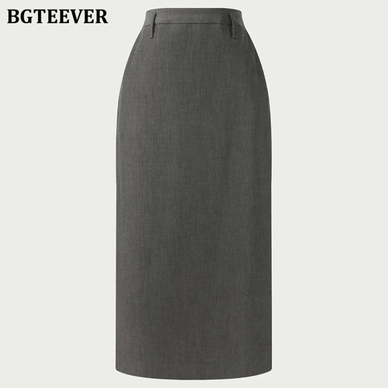 Mid-length slim suit skirt with high waist and skinny fit