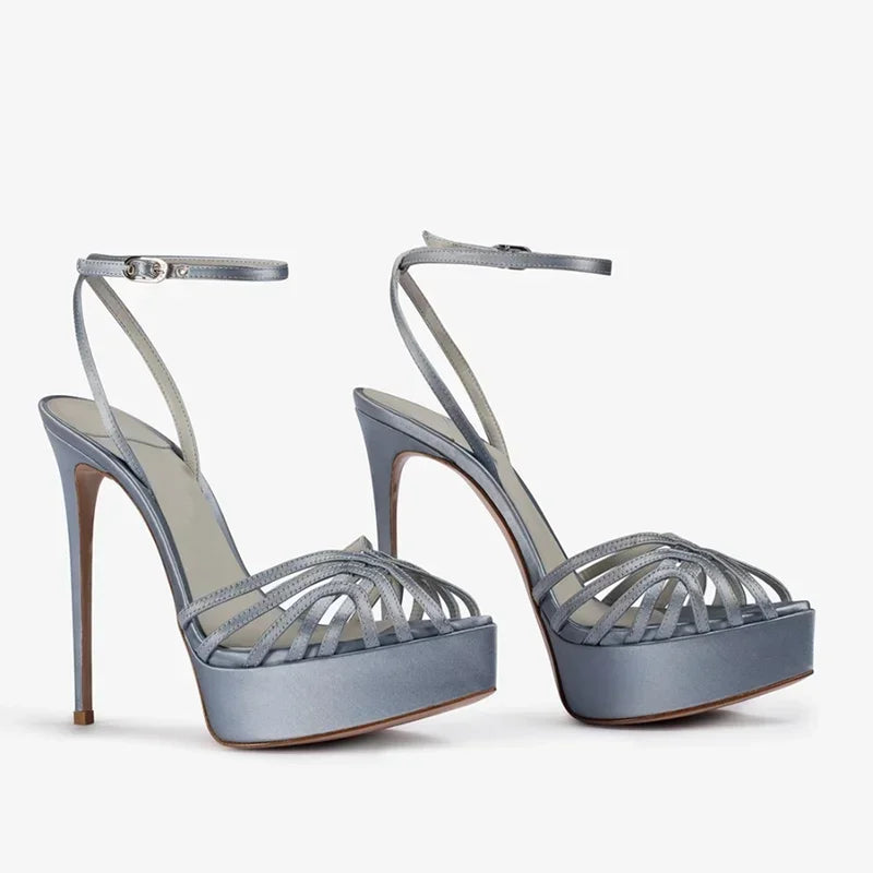 Pointed toe platform sandal with narrow band and thin heel