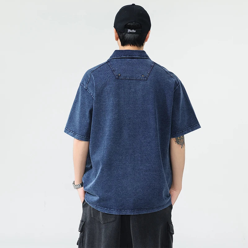 Men Summer Streetwear Outdoor Fashion Knitted Denim Loose Casual Plus Size Short Sleeve Polo Shirt Cityboy T-shirts Man T Shirts