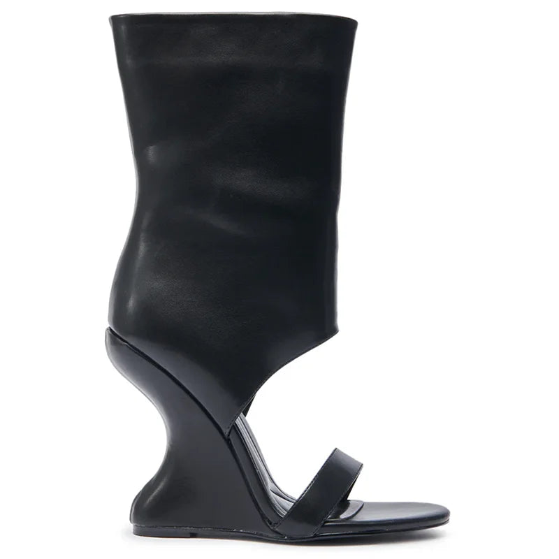 One-strap hollow sandal boot with side zipper in leather