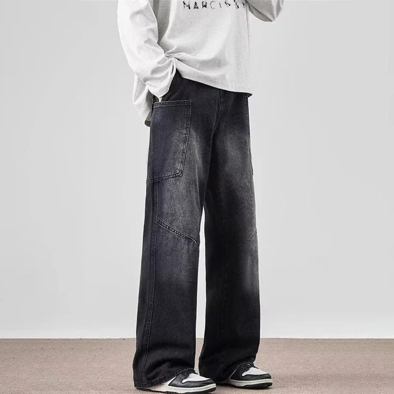 Spring Men's Vintage Multi-Pocket Cargo Jeans Y2K Vintage Distressed Baggy Denim Pants 2025 High Street Straight Wide Leg Jean