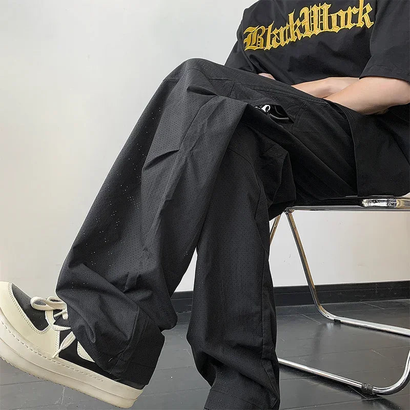 2025 New Mesh Breathable Gym Cargo Pants Hombre Functional Zipper Pocket Outdoor Trousers Casual Drape Straight Baggy Sweatpants