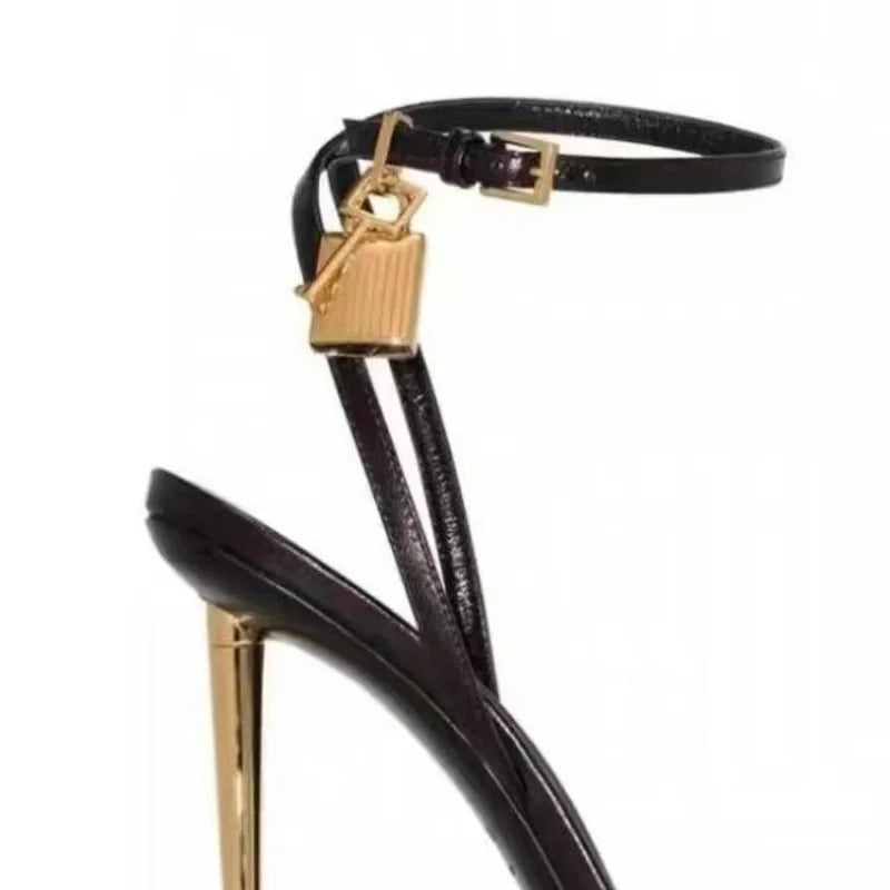 10cm high heel sandal with padlock decoration in black gold