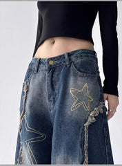 High waist wide-leg distressed cargo jeans with raw edge