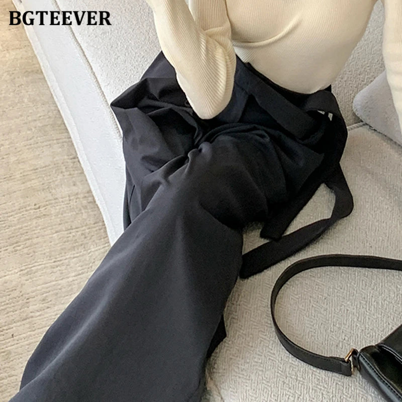High waist straight suit pants with lace-up and wide leg