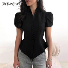 TWOTWINSTYLE Fashionable Irregular Hem Shirt for Women V Neck Lantern Sleeves Spliced Single Breasted Slimming Shirts Female New