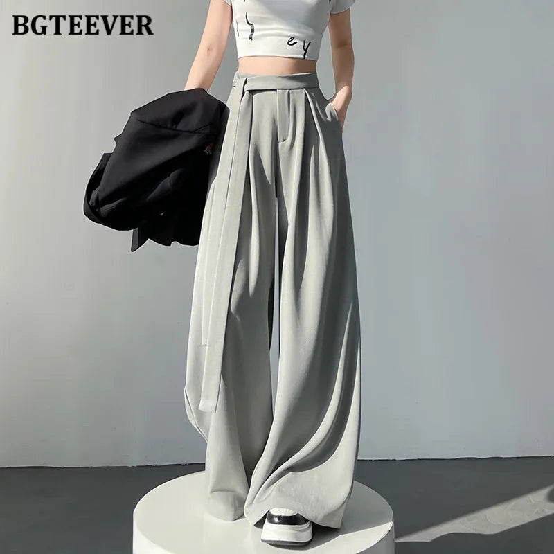 High waist wide-leg suit pants with lace-up in long length