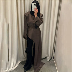 Linen blazer with tie waist and asymmetric hem in dark brown