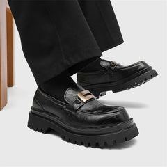 Men's Black Leather Loafers Metal Buckle Decor Chunky Lug Sole Sleek Upper Comfortable Cushioned Insole Stylish Casual Footwear