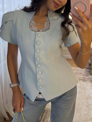 TWOTWINSTYLE Solid Loose Spliced Lace Shirts for Women Square Collar Short Sleeve Korean Design Shirt Female Summer Fashion New