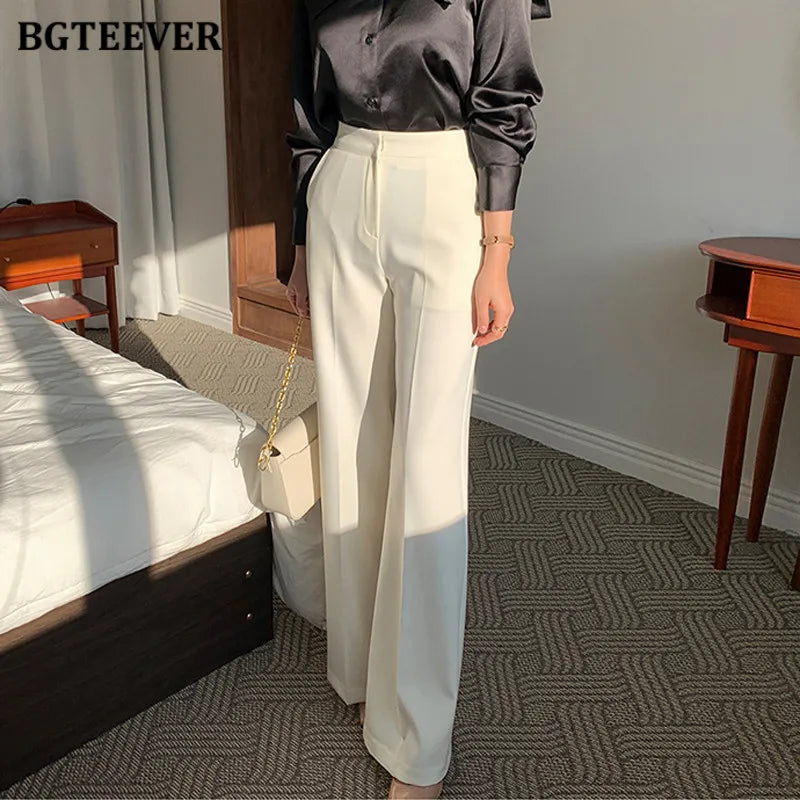 High waist wide-leg solid suit pants with pockets in loose fit