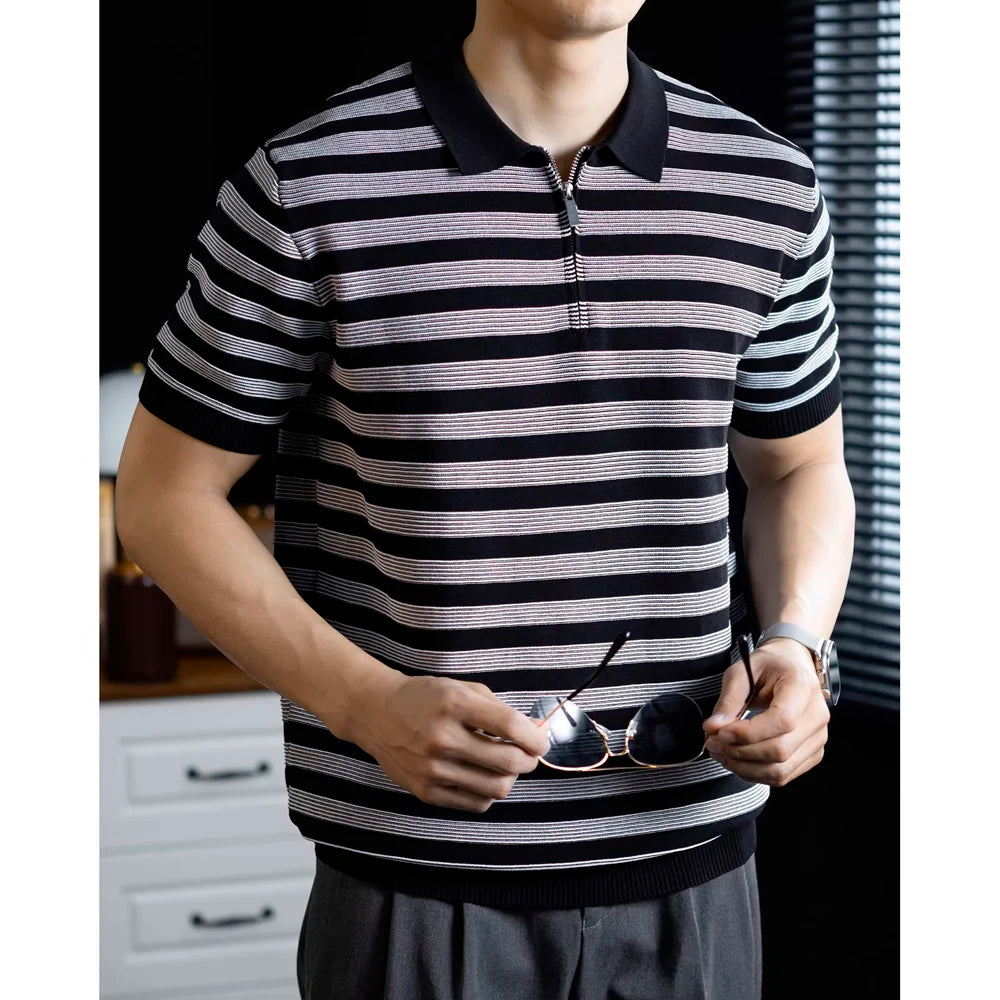 Summer Short Sleeve Knitted Stripe Polo Shirt Men Business Casual Fashion Vintage Commuter Sweater T-shirt Tops Tshirt