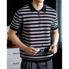 Summer Short Sleeve Knitted Stripe Polo Shirt Men Business Casual Fashion Vintage Commuter Sweater T-shirt Tops Tshirt