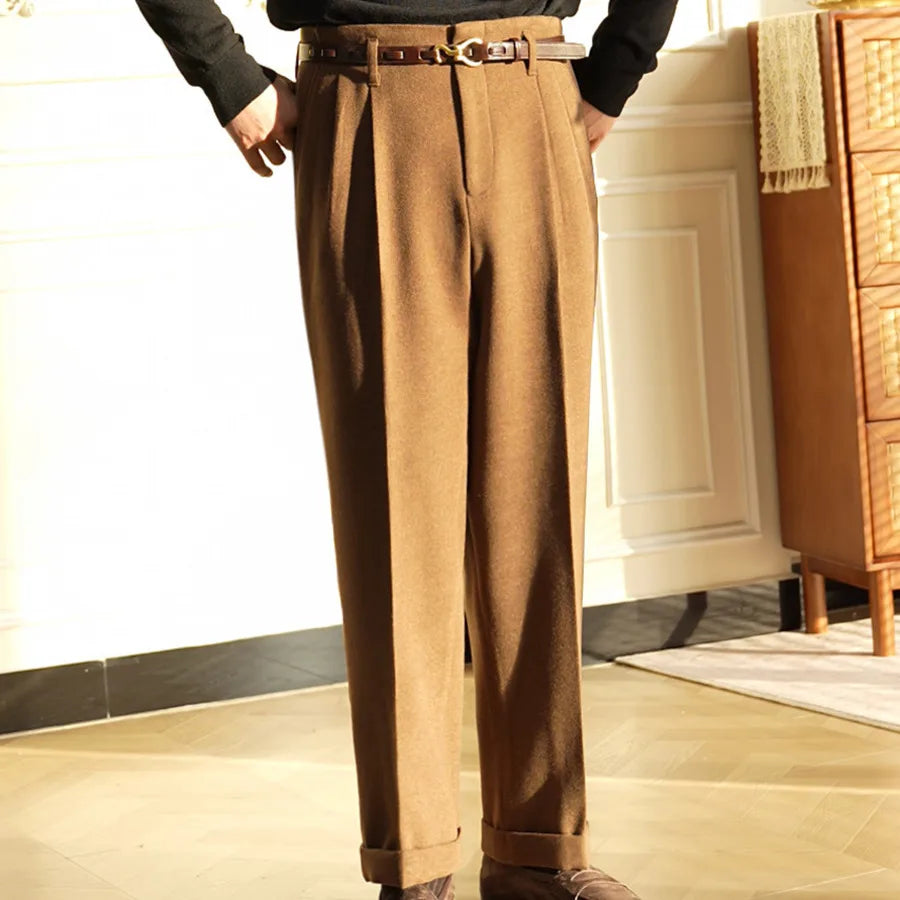 Wool Blend Winter Thick Hollywood Pants Retro British Style Wide-Leg Casual Trousers Men High Waist Straight Warm Long Pants