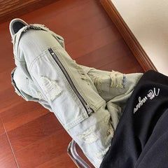 2025 New Multi Zipper Pocket Straight Jeans For Men Hip Hop Fashion Ripped Distressed Denim Pant High Street Wide-leg Baggy Jean