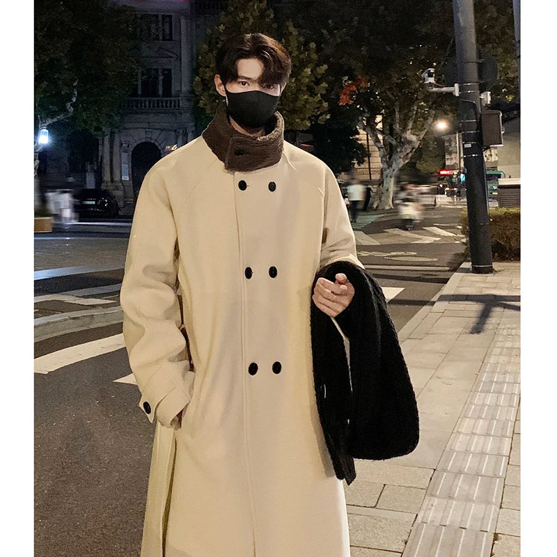 Men's Lamb wool Patchwork Woolen Overcoat Men High-end Stand Collar Casual Loose Korean Style Winter New Elegant Trench Coat