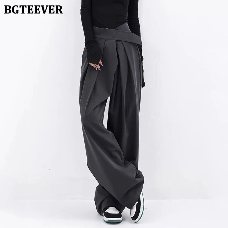 High waist floor-length wide-leg suit trousers with pockets