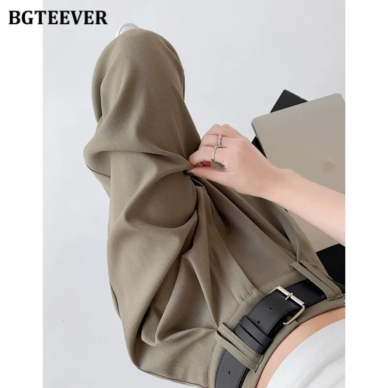 High waist wide-leg solid long trousers with pockets