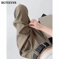 High waist wide-leg solid long trousers with pockets