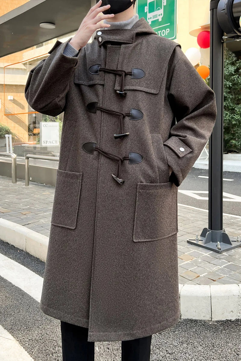 Korean-style Woolen Trench Men Horn Button Casual Long Windbreaker Winter Hooded Jacket Coats Fashion Trenchcoat