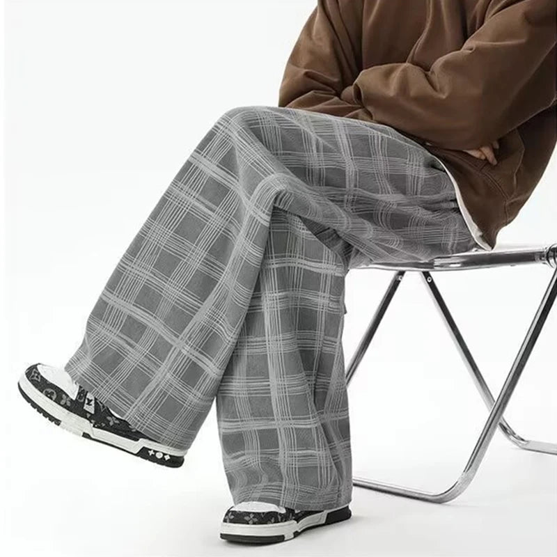 Spring Men's Plaid Distressed Baggy Pants 2026 New Casual Sports Loose Straight-Leg Sweatpants High Street Fashion Y2K Trousers