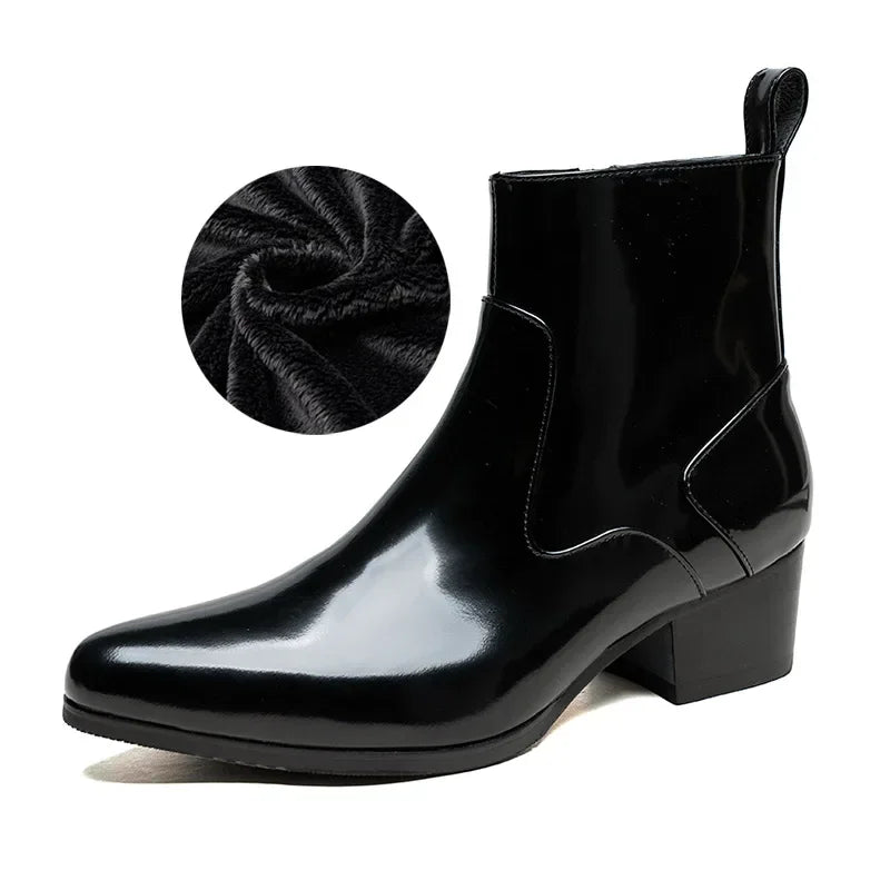 Patent Leather Mens Platform Boots with Heels Luxury Real Cow Leather Winter Warm Shoes Increase Height 5 Cm Side Zip No Laces