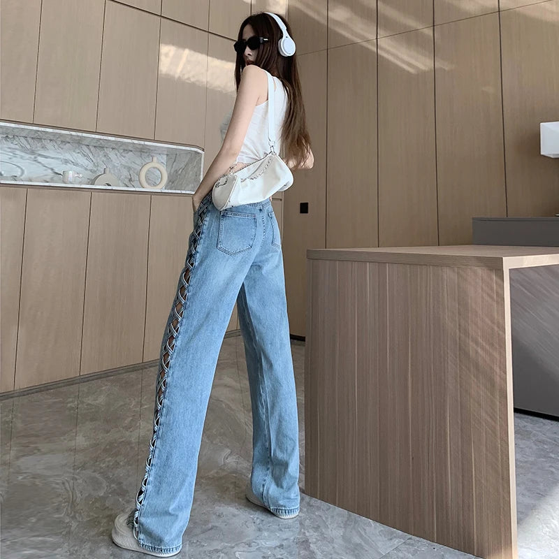 High waist straight jeans with braid hollow-out detail