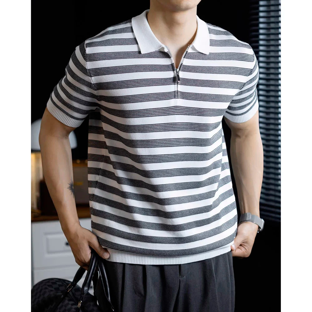 Summer Short Sleeve Knitted Stripe Polo Shirt Men Business Casual Fashion Vintage Commuter Sweater T-shirt Tops Tshirt